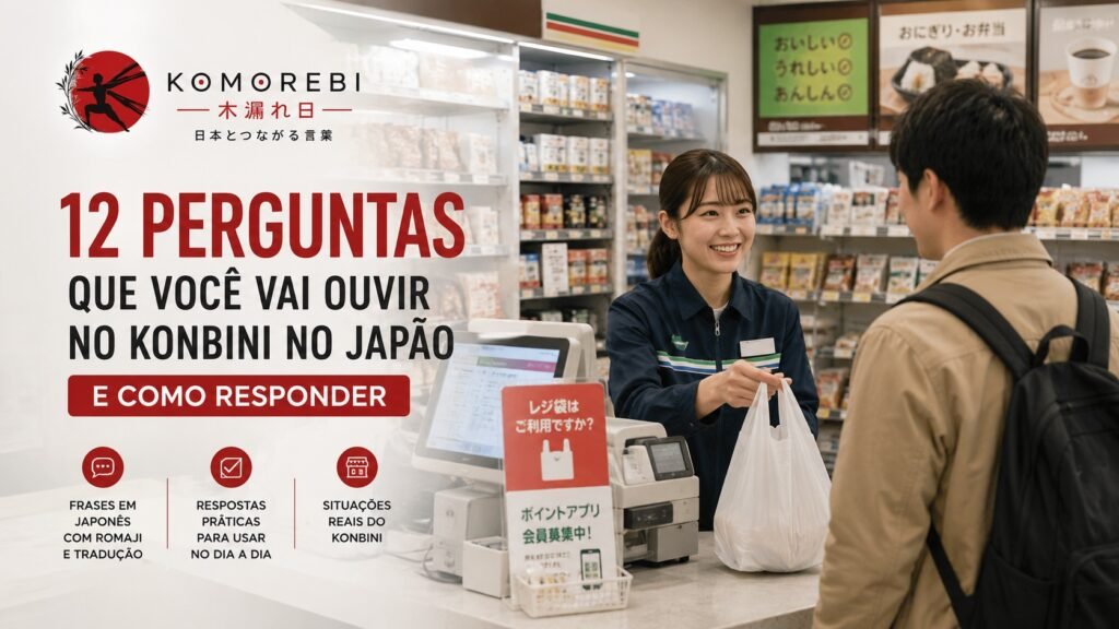 12 perguntas que você vai ouvir no konbini no Japão e como responder. Inclui frases em japonês, respostas e situações reais