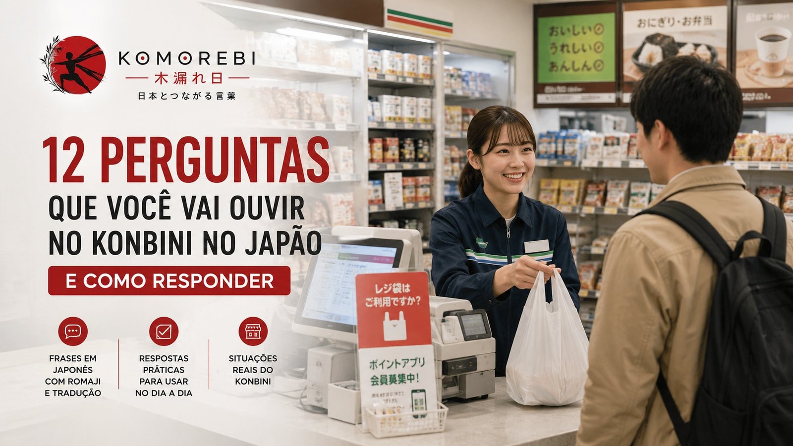12 perguntas que você vai ouvir no konbini no Japão e como responder. Inclui frases em japonês, respostas e situações reais