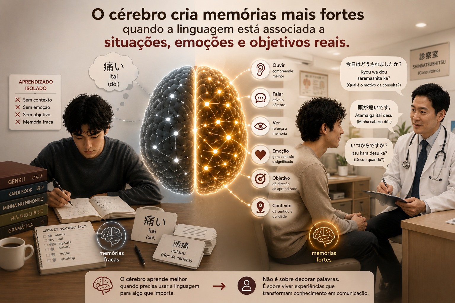 Comparação entre decorar japonês e aprender por meio de situações reais